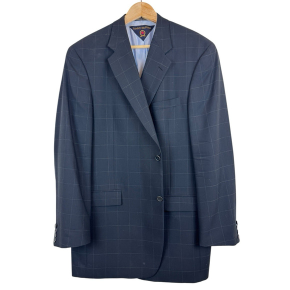 Tommy Hilfiger Suit Men's 44L Black Windowpane 100% Wool Pants 37x30 Pleat Front - Picture 1 of 9